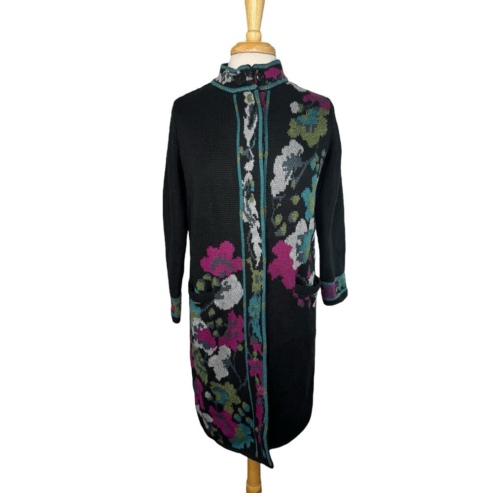 J.JILL Black Floral Sweater Coat Duster Size XS Petite Heavy Knit Cotton Blend